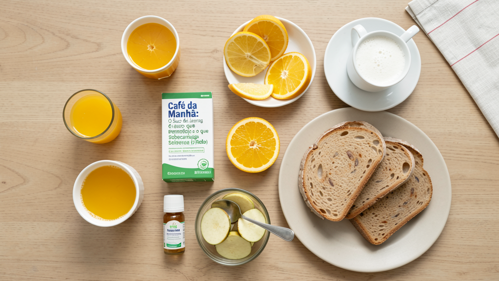 Imagem editorial ilustrando Café da Manhã: O Suco de Laranja que é Permitido e o que Sobrecarrega o Fígado